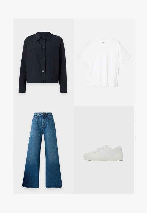 Mornarsko modra jakna s ovratnikom, sprednjim zapiranjem na gumbe in enim žepom na prsih. Ima gladko teksturo in dolge rokave.; Bela bombažna majica s kratkimi rokavi, okroglim izrezom, sproščenim krojem in šivanim robom. Oznaka vidna na notranji strani izreza.; Modri trganci širokega kroja z visokim pasom, svetlim bledenjem, klasičnim petim žepnim dizajnom in gumbnim zapiranjem spredaj.; Bele tenisice iz usnje z ravnimi vezalkami, okroglim nosom in subtilnimi šivanimi detajli. Imajo teksturiran podplat in utisnjen logotip blagovne znamke na peti.