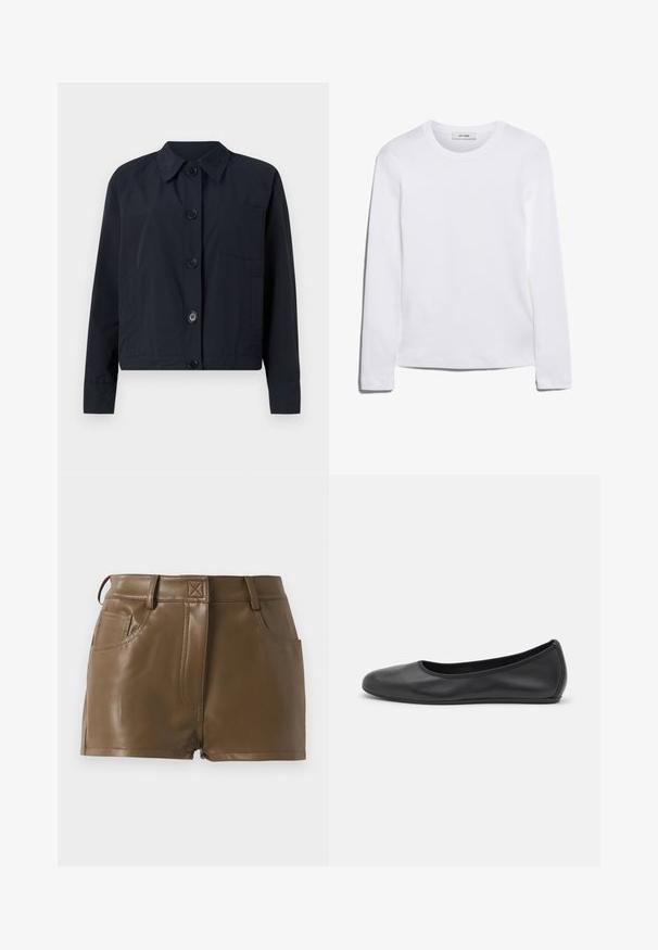 Marineblaue Jacke mit Kragen, Knopfverschluss vorne und einer Brusttasche. Hat eine glatte Textur und lange Ärmel.; Langärmliges weißes T-Shirt aus geripptem Baumwollstoff, mit rundem Ausschnitt und geradem Saum. Einfaches Design ohne Muster oder Akzente.; Braune Kunstleder-Shorts mit tailliertem Schnitt, Bund mit Gürtelschlaufen, frontale Taschen und sichtbaren Steppnähten.; Schwarze Leder-Ballettschuhe mit abgerundeter Spitze, glatter Textur, minimalen Nähdetails und einem flexiblen Sohlen-Design.