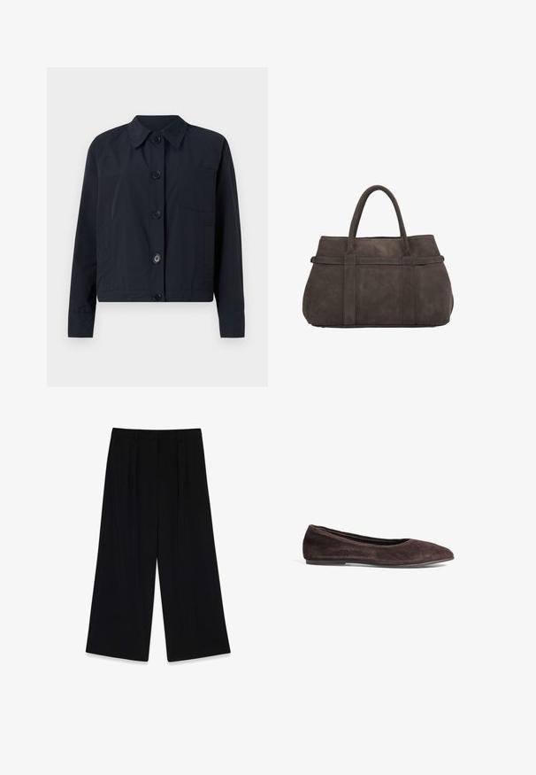 Marineblauwe jas met een kraag, sluiting met knopen aan de voorkant en één borstzak. Heeft een gladde textuur en lange mouwen.; Witte korte mouwen t-shirt van katoen. Heeft een ronde halslijn en een ontspannen pasvorm. Glad textuur zonder zichtbare patronen of accenten.; Zwarte wijde broek van gladde stof, met plooien aan de voorkant, een middelhoge taille en geen zichtbare sluitingen of versieringen.; Bruine suède balletschoenen met een spitsneus en een laag profiel. Kenmerkt zich door een gladde textuur en een minimalistisch ontwerp. Geen zichtbare hardware of accenten.; Donkergrijze suède handtas met twee ronde handvatten, gestructureerde vorm en minimalistisch ontwerp; geen zichtbare hardware of accenten.
