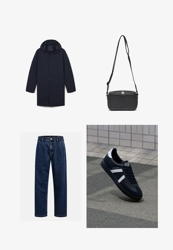 Cappotto impermeabile blu navy con cappuccio, maniche lunghe, taglio dritto e due tasche laterali, realizzato in un tessuto liscio e con dettagli minimi.; T-shirt in cotone crema con maniche corte e scollatura a girocollo. Presenta una stampa grafica in blu e rosso con testo e un motivo.; Jeans in denim blu scuro con design a gamba dritta. Presentano cuciture visibili, una chiusura con bottone e pieghe frontali per un tocco di dettaglio in più.; Sneaker neri in pelle con strisce bianche, suola in gomma texturizzata e allacciatura frontale. Presenta un'etichetta con il marchio sulla linguetta.; Borsa a tracolla nera in pelle con chiusura zip, logo impresso sul davanti e tracolla regolabile. Texture liscia con forma rettangolare.