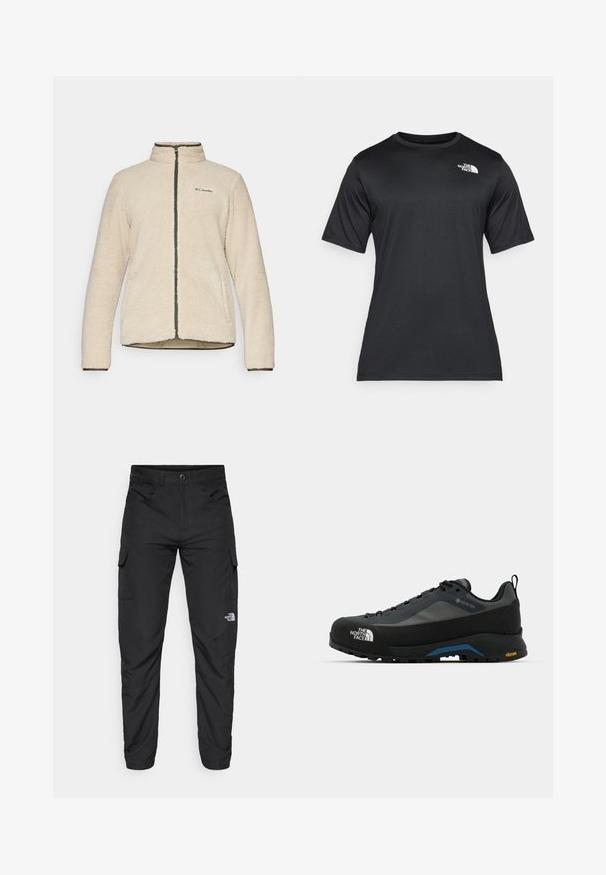 Bežinė fliso striukė su aukštu apykakle, priekiniais užtrauktukais ir tamsiai žaliais akcentais. Išsiskiria švelniu paviršiumi ir Columbia logotipu ant krūtinės.; Juoda trumpų rankovių marškinėliai, pagaminti iš lengvos, drėgmę praleidžiančios medžiagos. Viršuje kairėje krūtinės pusėje yra balta logotipo etiketė, o apykaklė yra klasikinio stiliaus.; The North Face HORIZON PANT - Lauko kelnės - black; The North Face VERTO ALPINE GORE TEX - Turistiniai batai - asphalt grey/tnf black