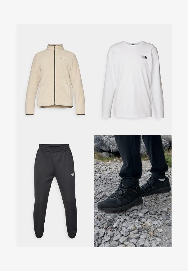 Chaqueta de forro polar beige con cuello alto, cremallera frontal y detalles en verde oscuro. Presenta una textura suave y el logo de Columbia en el pecho.; Camiseta de manga larga blanca de algodón con cuello redondo. Presenta un pequeño logotipo negro en el pecho. Textura suave, corte regular.; Pantalones deportivos negros con cintura ajustable mediante cordón, corte tapered, puños elásticos y un pequeño logo blanco en el muslo izquierdo, fabricados en tejido suave.; Zapatos exteriores negros con malla y material sintético, que presentan un upper texturizado, un sistema de cordones seguro y una suela robusta, sobre terreno rocoso.