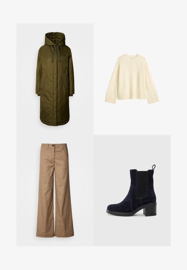 Olive green, padded long coat with a spacious hood, drawstrings, and two side pockets. Smooth texture, straight cut, and rounded hem.; Cream-colored knitted sweater with a textured herringbone pattern, rounded neckline, and ribbed cuffs and hem. Boxy fit with dropped shoulders.; Wide-leg pants made of smooth, tan fabric. Features a front button closure, belt loops, and side pockets. Clean lines with no visible patterns.; Navy blue suede ankle boot with elastic side panel, rounded toe, and block heel. Textured fabric and smooth sole add contrast.