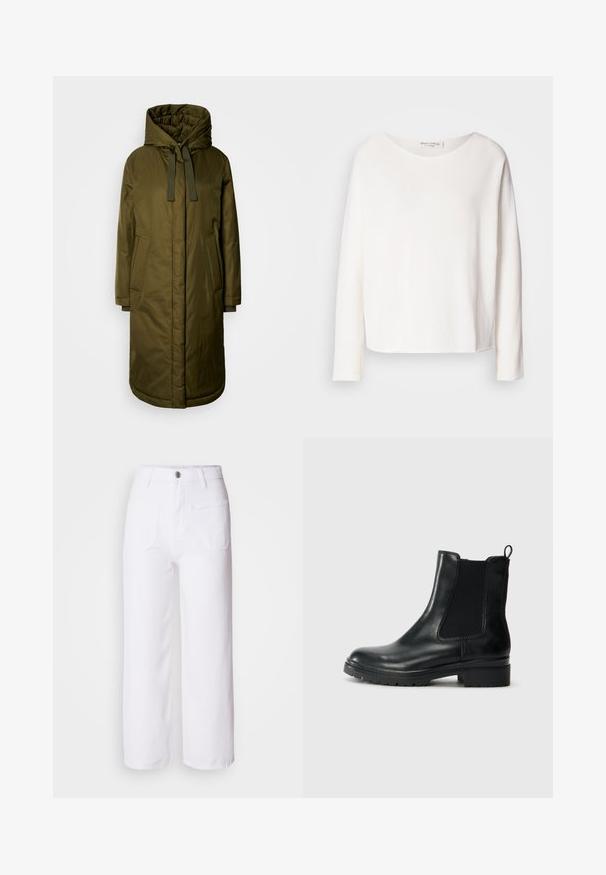 Olive green, padded long coat with a spacious hood, drawstrings, and two side pockets. Smooth texture, straight cut, and rounded hem.; Long-sleeve, round-neck top in soft, lightweight white fabric with a relaxed fit. Features a clean hem and no visible hardware.; White denim wide-leg pants with a button closure, belt loops, two front pockets, and a single back pocket. Durable and textured fabric.; Tamaris Classic ankle boots - black glam