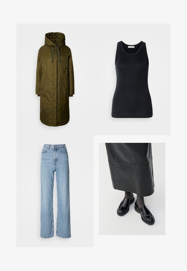 Olijf groene, gevoerde lange jas met een ruime capuchon, trekkoorden en twee zakken aan de zijkant. Gladde textuur, rechte snit en ronde zoom.; Zwarte tanktop gemaakt van zachte, rekbare stof. Heeft een ronde halslijn en brede schouderbanden, met een aansluitende snit en een gladde textuur.; Lichtblauwe high-waisted jeans met een rechte pijp, gemaakt van denim, met een sluiting aan de voorkant met knopen en subtiele vervagingdetails.; Zwarte leren loafers met een gladde afwerking, voorzien van een decoratieve band, ronde neus en gestructureerde zool. Draagt met een lange zwarte leren rok.