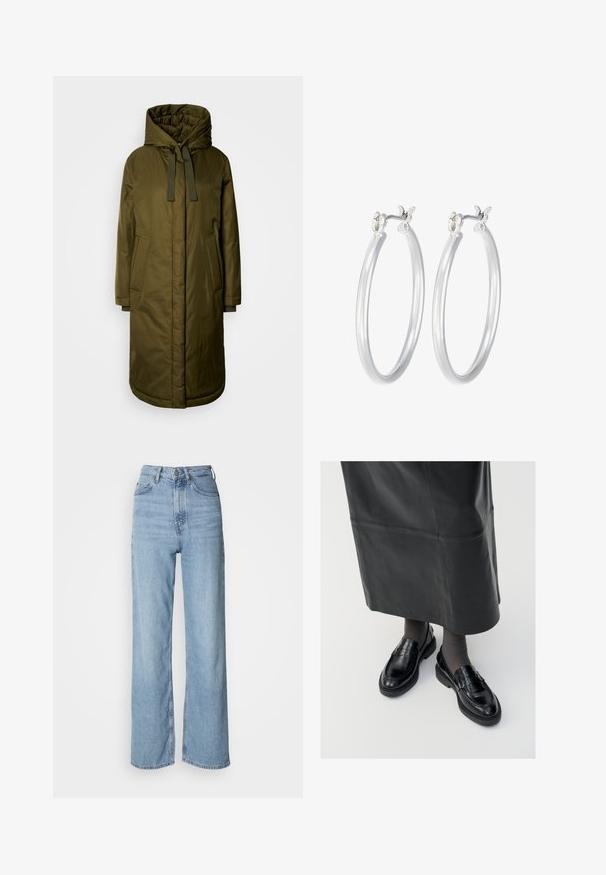 Olivově zelený, polstrovaný dlouhý kabát s prostornou kapucí, šňůrkami a dvěma bočními kapsami. Hladká textura, rovný střih a zaoblený lem.; Černý top bez rukávů vyrobený z měkkého, elastického materiálu. Má kulatý výstřih a široké ramenní popruhy, s přiléhavým střihem a hladkou texturou.; Světle modré džíny s vysokým pasem a rovnými nohavicemi, vyrobené z denimu, s předním zapínáním na knoflík a jemnými efekty opotřebení.; Černé kožené polobotky s hladkým povrchem, zdobené páskem, s kulatou špičkou a texturovanou podrážkou. Nosené s dlouhou černou koženou sukní.; Stříbrné kruhové náušnice s hladkým, lesklým povrchem. Kulatý tvar a bezpečné zapínání na klip. Lehký design vhodný pro každodenní nošení.