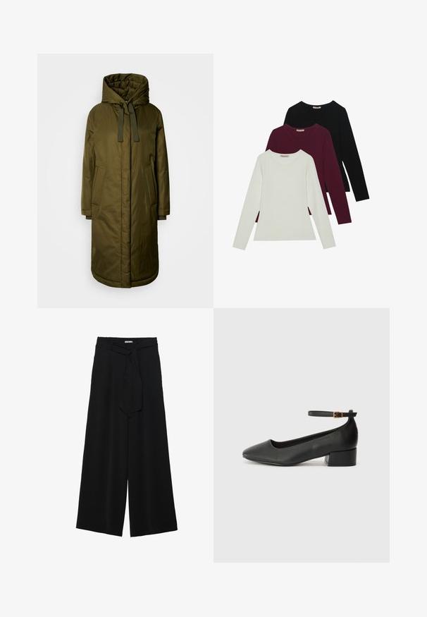 Olive green, padded long coat with a spacious hood, drawstrings, and two side pockets. Smooth texture, straight cut, and rounded hem.; Long-sleeve t-shirts in white, burgundy, and black. Made of soft fabric with a round neckline and fitted design. Suitable for layering.; Black wide-leg pants featuring a textured fabric, an elastic waistband, and a detachable sash tie at the waist for adjustable fit.; Black leather pump with a pointed toe and a low block heel. Features an ankle strap with a gold-tone buckle. Smooth texture.
