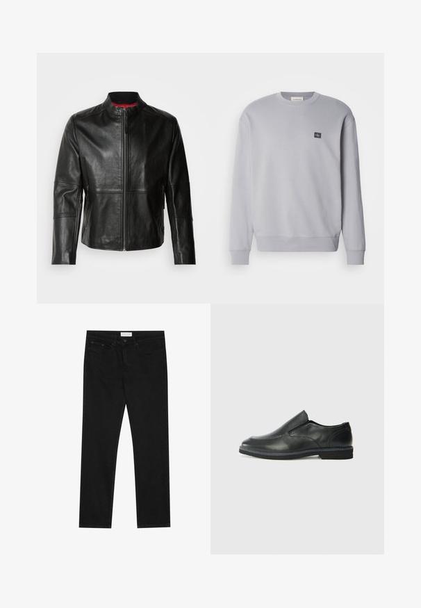 Melnā ādas jaka ar stāvošu apkakli, priekšējo rāvējslēdzēju un divām sānu kabatām ar rāvējslēdzējiem. Gluda tekstūra ar izšuvumiem.; Gaišs pelēks džemperis, izgatavots no kokvilnas maisījuma. Ar garām piedurknēm, apaļu kakla izgriezumu un mazu logo uzglabātāju uz krūšu. Mīksta tekstūra.; Melni taisnie džinsi ar piecu kabatu dizainu, pogu un rāvējslēdzēja aizdari, un Pier One zīmola uzlīmi uz jostasvietas.; Melnas ādas slip-on kurpes ar gludu augšdaļu, izšūtām akcentiem, noapaļotu purngala daļu un zemu gumijas papēdi. Zole ar minimālu rakstu.