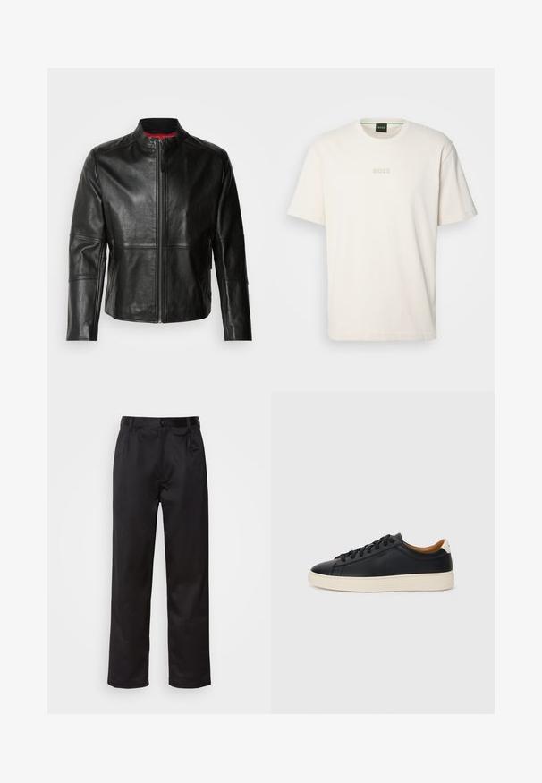 Mustmust nahkjakker, millel on sirge krae, ees lukuga sulgemine ja kaks külgmist lukuga taskut. Sile tekstuur koos õmblustäiendustega.; BOSS TEE - Lihtne T-särk - open white; Mustadest siledast kangast pükstest, millel on ees nupu sulgemine, voldid ja sirged sääred. Ei mingeid nähtavaid mustreid ega aktsente.; Mustad nahast tennised sujuva pindadega, beež kummist tallaga, paelaga kinnitamine ja kontrastse kanna aktsendiga.