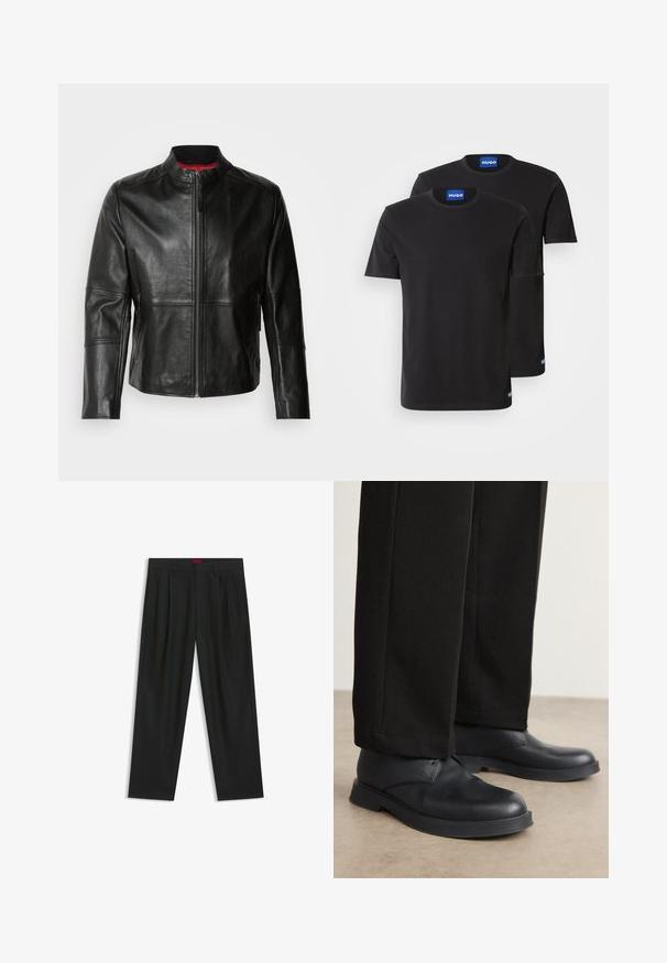 Black leather jacket featuring a stand collar, front zipper, and two side zippered pockets. Smooth texture with stitched detailing.; Two black cotton T-shirts with round necklines, short sleeves, and blue "HUGO" labels on the collars and side hems.; Black trousers with a pleated design, wide leg shape, and a smooth texture. Features a red waistband tag.; Black leather shoes with a rounded toe, flat sole, and minimal detailing. Paired with tailored black pants, showing smooth texture.