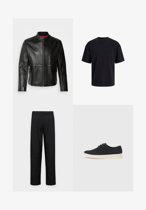 Čierna kožená bunda s stojačikovým golierom, predným zipsom a dvoma bočnými zipsovými vreckami. Hladká textúra s prešitými detailmi.; Čierne bavlnené tričko s okrúhlym výstrihom, krátkymi rukávmi a uvoľneným strihom. Hladká textúra bez viditeľných vzorov alebo akcentov.; Čierne nohavice vyrobené z hladkej tkaniny, s rovnými nohavicami, dvoma prednými skladmi a štandardným pásom s pútkami na opasok.; Čierne semišové šnurovacie topánky s okrúhlou špičkou, ľahkou krémovou podrážkou a jemnými modrými švy na vrchu.