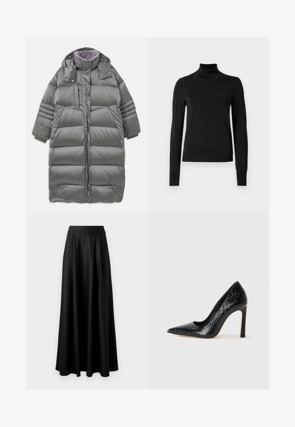 Doudoune grise avec un col haut, fermeture frontale intégrale, boutons-pression et fermeture éclair, et grandes poches latérales. Dispose d'une doublure douce et texturée.; Pull à col roulé noir à manches longues avec des poignets et un ourlet côtelés, présenté sur un fond blanc uni.; Jupe longue noire avec une texture lisse, une taille large et un design plissé, sans motifs ni embellissements visibles.; Escarpin noir à bout pointu avec texture en cuir de crocodile, présentant un design élégant, un haut talon aiguille et un intérieur noir lisse.