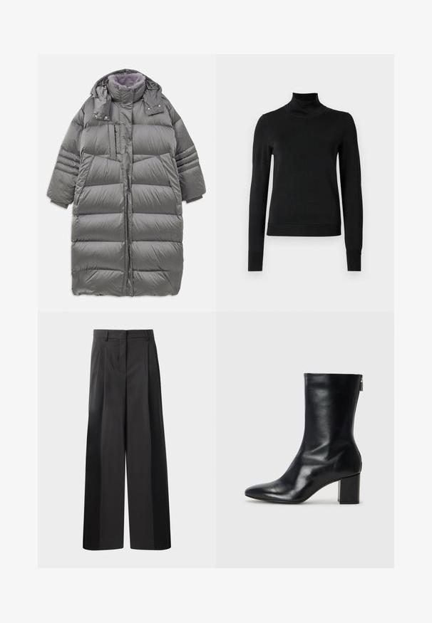 Hallhallane puffer jakk, millel on kõrge krae, täispikk esiosa, nupud ja tõmblukk ning suured küljetaskud. Omab pehmet, tekstuuriga voodrit.; Mustmusterta mustaga pikkade varrukatega kõrge kaelusega sviiter, millel on ribakudumisega mansetid ja äär, esitatud lihtsal valgel taustal.; Mustad laiad püksid kõrge vöökohaga, millel on ees voldid, sile tekstuur ja õmmeldud viimistlus. Kujundatud lõdva istuvuse saavutamiseks.; Must musta ankle boot teravaid varvastega ja 4 cm plokknõela. Suurepärase disainiga, millel on külgrihm lihtsaks läbi panemiseks. Sile tekstuur.