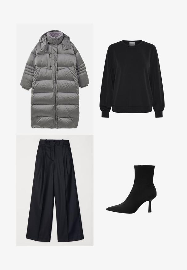 Grå puffjacka med hög krage, helfront, tryckknappar och dragkedja, samt stora sidofickor. Har en mjuk, strukturerad foder.; Svart sweatshirt med långa ärmar, rundad halsringning och ribbade muddar. Har en mjuk textur och en subtil logotypdetalj på framsidan.; Svarta vida byxor i slät tyg, med hög midja, veck och skräddarsydd design. Enkel svart detalj vid midjan.; Svart ankle boot gjord av slät tyg, med spetsig tå och smal stilettklack, med en sömlös design och ingen synlig hårdvara.