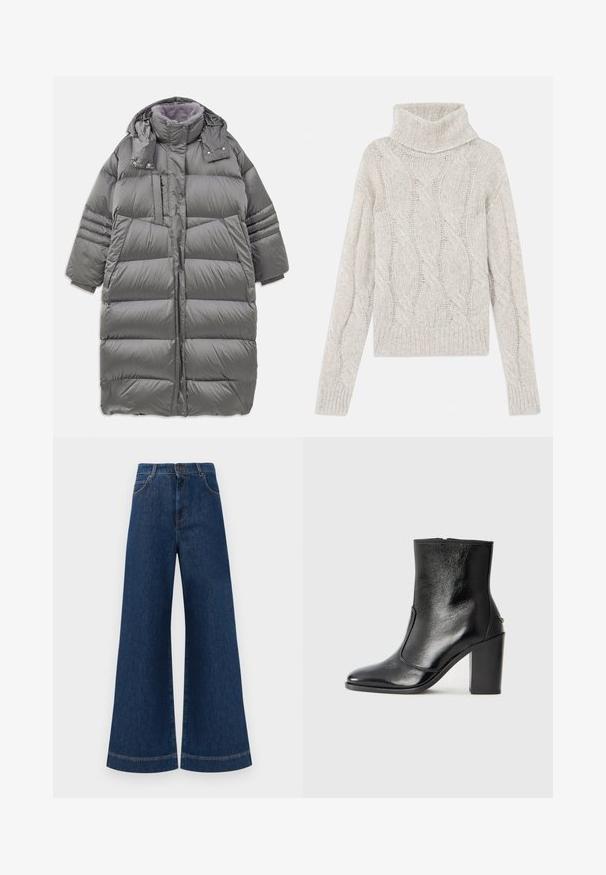 Doudoune grise avec un col haut, fermeture frontale intégrale, boutons-pression et fermeture éclair, et grandes poches latérales. Dispose d'une doublure douce et texturée.; Pull en maille torsadée gris clair, avec un col roulé haut, des manches longues et un ourlet côtelé. Tissu doux et texturé avec une apparence chaleureuse.; Jeans en denim bleu à taille haute et jambes larges, avec une fermeture à bouton, des passants de ceinture et des détails de couture subtils le long des poches et des ourlets.; Bottine en cuir noir, avec une texture lisse, un bout pointu et un talon chunky haut. Présente une ouverture sur le côté et un design minimaliste.