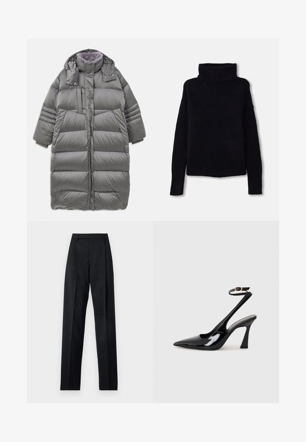 Harmaa puffatakki, jossa on korkea kaulus, täyspitkä etuosa, nappi- ja vetoketjukiinnitykset sekä suuret sivutaskut. Ominaisuuksiin kuuluu pehmeä, teksturoitu vuori.; Musta, paksu neulepusero korkealla ribatulla poolokauluksella ja pitkillä hihoilla. Pehmeä kangas, suora helma, ei näkyviä kuvioita tai koristeluja.; Musta housut, jotka on valmistettu sileästä kankaasta ja joissa on korkea vyötärö, leveät lahkeet, etukaarteet ja klassiset vyölenkit. Ei näkyviä sivutaskuja.; Musta patenttinen nahka slingback-korkokengät, joissa on teräväkärkinen muoto, säädettävä nilkkastrappi ja kohtuullinen lohkokorko. Sujuva pinta kiiltävällä viimeistelyllä.