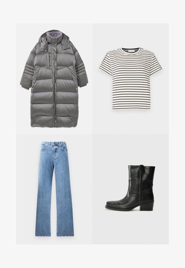 Szürke puffermellény magas gallérral, teljes hosszúságú elülső résszel, patentos és cipzáras záródással, valamint nagy oldalzsebekkel. Puha, texturált bélés jellemzi.; Pamut rövid ujjú póló, kerek nyakkivágással, fekete függőleges csíkozással fehér alapon és egyenes szabású dizájnnal.; Világoskék farmernadrág, széles lábakkal, öt zsebből, övrögzítőkből és gombzáras kivitelben. Az anyag sima textúrájú.; Fekete bőr bokacsizma lekerekített orral, blokk sarkúval, oldalsó cipzárral és varrásos díszítéssel az elején. Simább textúra, klasszikus dizájn.