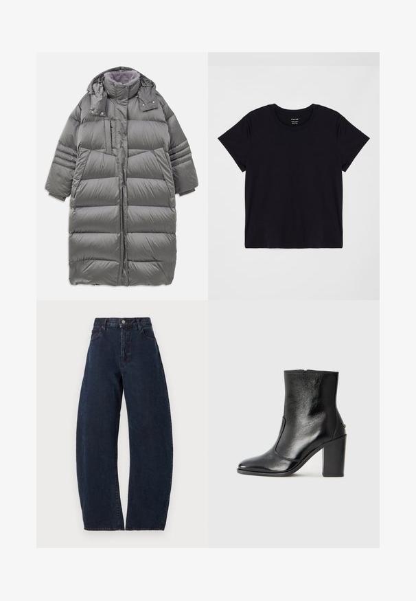 Pelēks pūkains mētelis ar augstu apkakli, pilna garuma priekšpusi, ar kniedēm un rāvējslēdzēju, kā arī lielām sānu kabatām. Iezīmējas ar mīkstu, teksturētu oderi.; Melns īsais krekliņš ar īsām piedurknēm, kas izgatavots no mīkstas kokvilnas. Klasisks apaļas kakla dizains ar vienkāršu, neizpušķotu virsmu un brīvu piegriezumu.; Augstām vidukļa, plašām kājām džinsi tumšzilā denimā. Ar pogu aizdari, piecām kabatām un smalku tekstūru. Nav redzamu rakstu vai akcentu.; Melnas ādas potīšu zābaki ar gludu tekstūru, smailu purngalu un masīlu augstu papēdi. Iekļauts sānu atvērums un minimālistisks dizains.