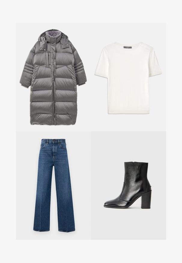 Šedý péřový kabát s vysokým límcem, plnou délkou vpředu, s patentkami a zipem, a velkými bočními kapsami. Má měkkou, texturovanou podšívku.; Bílý pletený top s krátkým rukávem a kulatým výstřihem, s hladkou strukturou a jemnými ribovými akcenty na rukávech a lemu.; Široké modré džíny vyrobené z denimu s vysokým pasem, předními kapsami a kontrastním švem. Tkanina má hladkou texturu.; Černé kožené kotníkové boty s hladkou texturou, špičatou špičkou a robustním vysokým podpatkem. Mají boční otvor a minimalistický design.