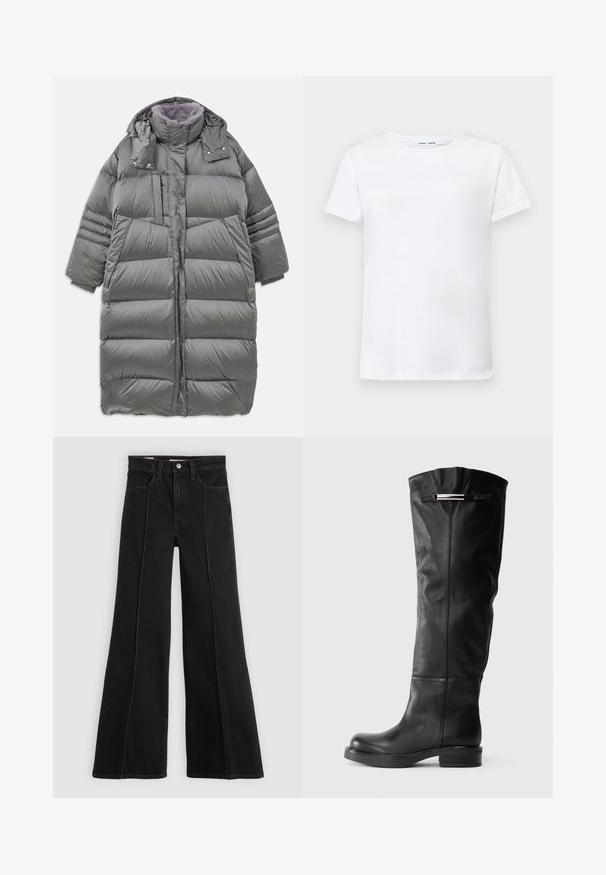 Hallhallane puffer jakk, millel on kõrge krae, täispikk esiosa, nupud ja tõmblukk ning suured küljetaskud. Omab pehmet, tekstuuriga voodrit.; Valge lühikeste varrukatega T-särk, valmistatud puuvillast, ümmarguse kaelusega. Sile tekstuur ja sirge lõige, ilma mustrite või aktsentideta.; Mustad kõrge vöökoht ja laiad püksid, millel on esiseemne detail, nööpkinne, vööaasad ja esikotid kerkival heledal taustal.; Põlvekõrgused mustad nahast saapad, millel on sile tekstuur, ümar varvas ja madal plokknina. Ülemise osa peal on hõbedane aktsent.