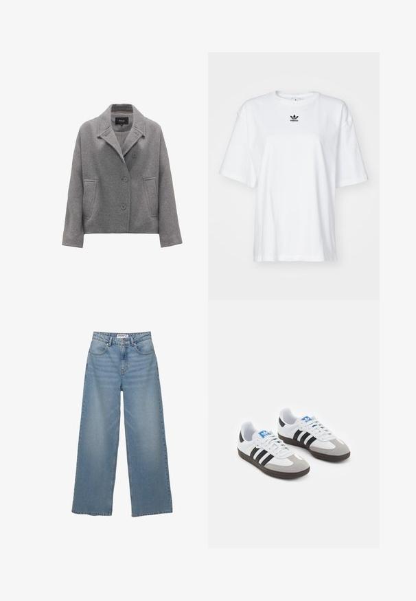 Grau-wollige Mischung, doppelt geknöpftes Jackett mit breitem Kragen, drei Knöpfen, zwei vorderen Taschen und langen Ärmeln.; Weißes T-Shirt mit kurzen Ärmeln aus Baumwolle. Verfügt über einen Rundhalsausschnitt und ein kleines schwarzes Adidas-Logo auf der Brust. Gerader Saum.; Helle blaue weit geschnittene Jeans aus Denim. Merkmale sind eine hohe Taille, fünf Taschen und ein gerader Schnitt mit minimaler Ausbleichung.; Sportschuhe mit einem Obermaterial aus weißem Leder, grauer Wildleder-Zehenkappe und drei schwarzen Streifen. Sie verfügen über ein blaues Logo auf der Zunge und eine strukturierte Gummisohle.