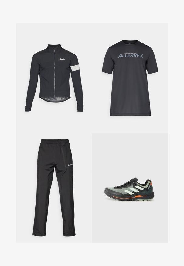 Black cycling jacket made of lightweight material. Features a full zipper, high collar, long sleeves, and a reflective strip on the arm.; Black short-sleeve t-shirt made of lightweight fabric, featuring a light gray “TERREX” logo across the chest and a crew neckline.; Black lightweight outdoor pants with an elastic waistband, zipper pockets, and a printed logo. Smooth texture and straight-leg cut.; Lightweight trail running shoe with a gray and black mesh upper, orange accents, and a rugged outsole for traction. Waterproof Gore-Tex lining.
