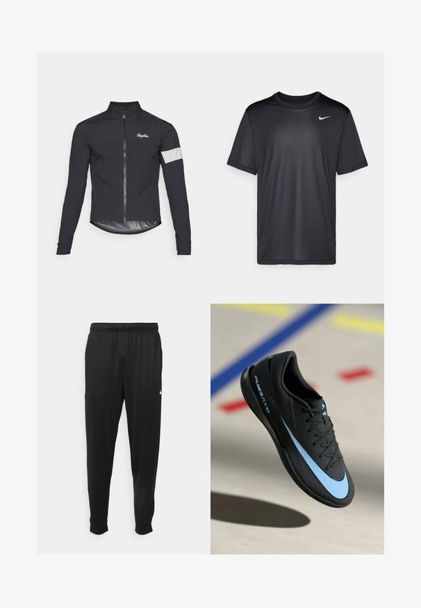 Zwarte fietsjack gemaakt van lichtgewicht materiaal. Voorzien van een volledige rits, hoge kraag, lange mouwen en een reflecterende strip op de arm.; Zwart sport T-shirt met korte mouwen, ronde hals, gemaakt van een gladde stof. Bevat een klein wit Nike-logo op de bovenste linkerzijde.; Zwarte sportbroek gemaakt van gladde stof, met een elastische tailleband, taps toelopende pijpen en een klein wit logo aan de linkerzijde.; Zwarte sportschoen met blauwe accenten, gestructureerd oppervlak, vetersluiting en herkenbaar Nike-logo. Rubberen zool met grippatronen.