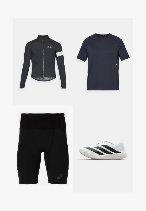 Black cycling jacket made of lightweight material. Features a full zipper, high collar, long sleeves, and a reflective strip on the arm.; Dark navy short-sleeve t-shirt made of lightweight fabric, featuring a crew neckline with small eyelet details at the back and logo on the front side.; Black athletic shorts with a fitted design, made of smooth material. Features a high waistband and a small logo on the lower left leg.; Lightweight running shoes in pale blue with black stripes. Features a smooth upper, round toe, and thick white midsole labeled "LIGHTSTRIKE PRO."