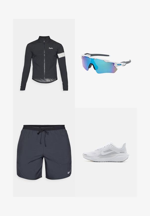 Svart cykeljacka i lätt material. Har full dragkedja, hög krage, långa ärmar och en reflexrem på armen.; Vitt ärmlöst Nike-löparlinne med rund halsringning, slät yta och svart Nike-logotyp på övre vänstra bröstet.; Nike löpshorts i mörkgrått, med en elastisk midja som har dragsko och en silverlogotyp på nederdelen av högra benet.; Vit sportskor med ovandel i mesh, släta texturerade överlager, grå accenter, snören och en vadderad sula designad för prestanda.; Solglasögon med vit ram, grå detaljer och blå spegelglas. Sportig design, omslutande form och justerbara näskuddar.