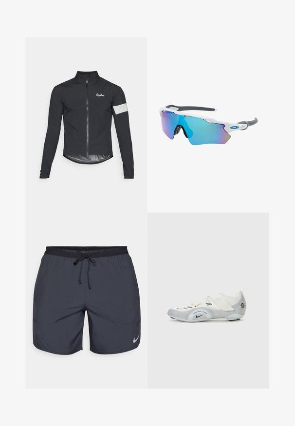 Black cycling jacket made of lightweight material. Features a full zipper, high collar, long sleeves, and a reflective strip on the arm.; White sleeveless Nike running top with a round neckline, smooth texture, and black Nike logo on the upper left chest.; Nike running shorts in dark gray, featuring an elastic waistband with a drawstring and a silver logo accent on the lower right leg.; White and silver cycling shoes with a mesh upper, textured accents, adjustable straps, and a rubber outsole for grip and stability.; Sunglasses with a white frame, gray accents, and blue mirrored lenses. Sporty design, wraparound shape, and adjustable nose pads.