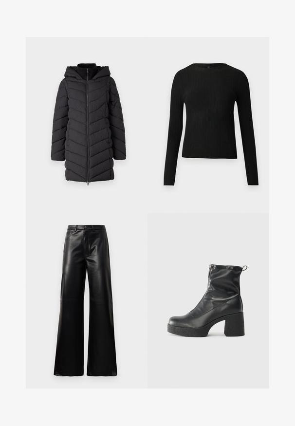 Schwarze gepolsterte Jacke mit Kapuze, ausgestattet mit einem Frontreißverschluss, einem Zickzack-Nähtmuster und langen Ärmeln. Hergestellt aus leichtem, strukturiertem Stoff.; Schwarzer, gerippter, langärmliger, taillierter Pullover mit Rundhalskragen, vor einem schlichten, hellen Hintergrund präsentiert.; Schwarze leichte, weit geschnittene, hochtaillierte Kunstlederhose mit vorderem Knopf, Reißverschluss, Gürtelschlaufen und Seitentaschen auf weißem Hintergrund.; Schwarze Stiefeletten aus glattem Leder mit seitlichem Reißverschluss, klobigem strukturiertem Absatz und runder Zehenform.