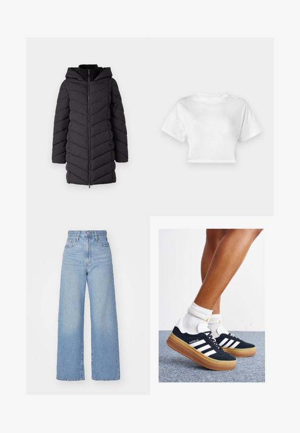 Mustat toppatakki, jossa on huppu, etuvetoketju, viisto ommelkuvio ja pitkät hihat. Valmistettu kevyestä, teksturoidusta kankaasta.; Valkoinen lyhytnuttuinen t-paita, joka on valmistettu puuvillasta. Lyhyet hihat, pyöreä pääntie, sileä pinta, rento muotoilu ilman kuvioita tai koristeluja.; Vaalean siniset korkeavyötäröiset löysät farkut, joissa on etuvetoketju ja nappikiinnitys, sekä edessä että takana taskut, valkoista taustaa vasten.; Musta mokkanahkainen tennari, jossa valkoiset raidat ja yksityiskohdat, pyöreä kärki, purukumipohja, yhdistetty valkoisiin ribbineuleisiin nilkkasukkiin.