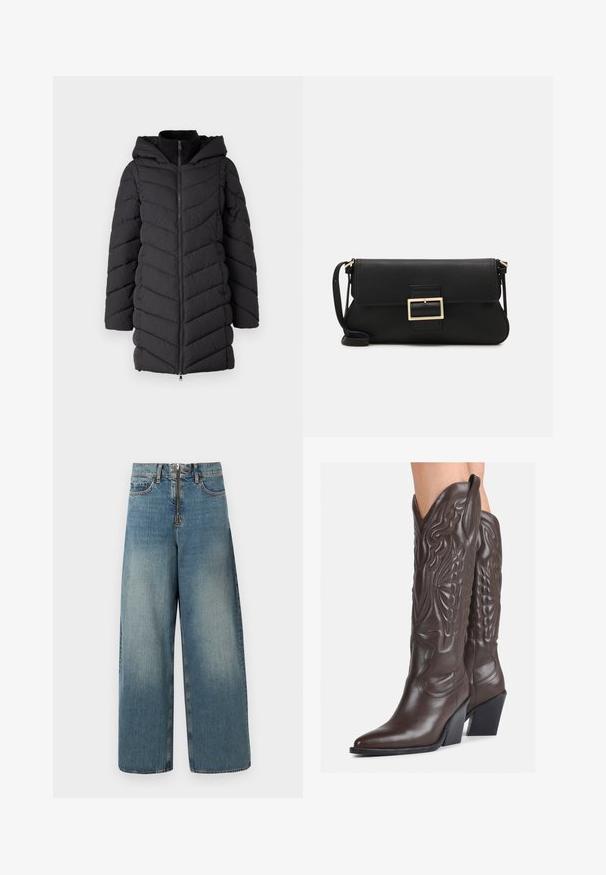 Melna polsterēta jakas ar kapuci, ar priekšējo rāvējslēdzēju, zigzaga šuvju rakstu un garām piedurknēm. Izgatavota no viegla, teksturēta auduma.; Balta bezpiedurkņu topiņš no ribotā auduma, ar noapaļotu kakla izgriezumu un pieguļošu siluetu, ar minimālām šuvēm un bez rotājumiem.; Platas kājas džinsi gaisā zilo krāsā. Iespējo jostas vieta ar rāvējslēdzēju un pogu, kā arī viegla izbalēšana nodrošina nolietotu izskatu.; Brūni ādas kovboju zābaki ar norādītu purngalu un blokveida papēdi, ar detalizētu šūšanu un paceltiem akcentiem uz kājas daļas.; Melnas ādas saķeres soma ar atloku un zelta metāla sprādzi. Ietver melnu siksnu un elegantu, minimālistisku dizainu.