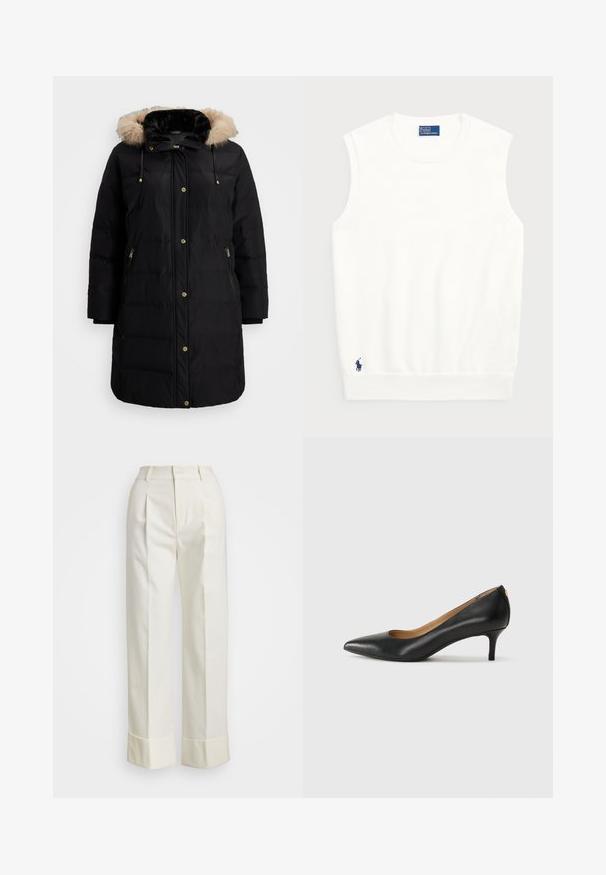 Fekete pufferszövet kabát műszőrme kapucnival. Oldalsó zsebei cipzárral záródnak, arany színű patentgombokkal díszített, és a szöveten átkviltelt mintázat található.; Fehér ujjatlan pulóver sima pamutból, bordás szegéllyel és kis sötétkék logóval a bal alsó részen. Egyszerű dizájn, minta nélkül.; Fehér, szabott nadrág magas derékkal, dupla elülső redőkkel és széles lábakkal, hajtogatott szegésekkel. Simító, textúrált anyagból készült.; Fekete bőrpumpa hegyes orral, alacsony sarokkal és sima felülettel. Elöl enyhe nyílással rendelkezik, hátul pedig minimális részletezéssel.
