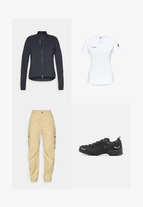 Sort letvægtsjakke med høj krave, frontlynlås, lange ærmer og en let buet kant. Fremstillet af glat, tekstureret stof.; Kortærmet hvid sportsshirt med rund hals, prydet med et logo på brystet og en glat, let stofstruktur.; The North Face EXPLORATION CARGO PANTS - Outdoorbukser - khaki stone; Sorte vandresko med en tekstureret stofoverdel, snøresystem og robust gummisål. Accenteret med reflekterende detaljer og logoer.