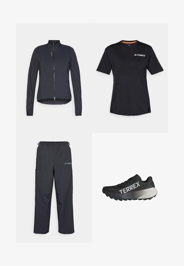 Sort letvægtsjakke med høj krave, frontlynlås, lange ærmer og en let buet kant. Fremstillet af glat, tekstureret stof.; Sort kortærmet T-shirt med rund halsudskæring, der har en subtil meleret tekstur og hvid "TERREX"-logo på den øverste venstre side.; Sorte, lette udendørsbukser med elastisk talje, sidelommer og et logo på øverste højre lår. Glat, vandafvisende stof.; Sort løbesko med en tekstureret overdel, fremtrædende "TERREX" logo i hvid, skræddersyet således design, og en gradient grå accent på hælen.