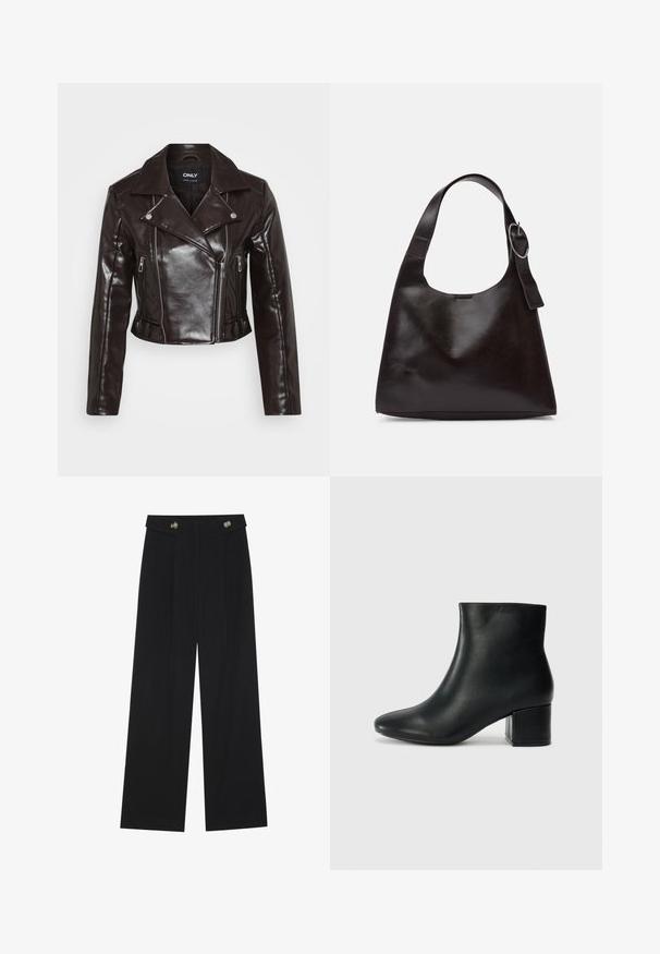 Jaqueta cropped em imitação de pele castanha com zípers prateados, gola larga e mangas longas. Possui bolsos com zíper diagonais e verticais.; Tops de manga longa em creme e castanho escuro, com um corte cropped e decotes franzidos com bordas em forma de onda.; Calças largas pretas com cintura alta, detalhes em botão na cintura e pregas frontais.; Botas de tornozelo em pele preta com bico pontiagudo e um salto robusto. Textura suave com acentos mínimos e um design ajustado e elegante.; Bolsa de ombro em pele castanha com uma textura suave, forma arredondada, alça larga e um detalhe metálico circular na pega.