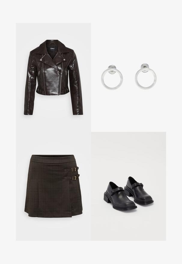 Giacca cropped in similpelle marrone con cerniere argentate, colletto ampio e maniche lunghe. Presenta tasche con cerniera diagonali e verticali.; Even&Odd Petite 2 PACK - Top - light grey/black; Gonna a quadri scuri, forma a trapezio, con due fibbie laterali in metallo dorato. Realizzata in un tessuto testurizzato con un sottile motivo a quadri.; Scarpe in pelle nera con punta arrotondata, suola piatta e una cintura con dettaglio fibbia. Tacco a blocco spesso per una maggiore stabilità.; Orecchini a cerchio in metallo argento con finitura spazzolata, caratterizzati da un design circolare e un gancio trasparente sul retro per una vestibilità sicura.