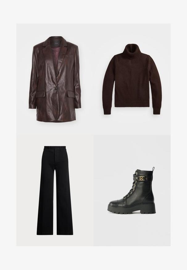 Pruun nahkajope ühe nupuga kinnitusega, sakiliste krae ja kahe eespool asuva taskuga. Omab sujuvat tekstuuri ja istuvat lõiget.; Pruun, paksu koustrikkige särk kõrge kraega, ribakraega ja -äärega. Omab pikki varrukaid ja vaba lõiget, valmistatud pehmest kangast.; Mustad laiad püksid, mis on valmistatud kootud kangast, kõrge vöökoha, esiseotud nööbi ja küljetaskutega. Sile tekstuur ja puhtad joones.; Must musta pahklikäik, millel on paks platvormi tallad, kuldsed silmad ja dekoratiivne rihm, millel on kuldne logo aktsent.