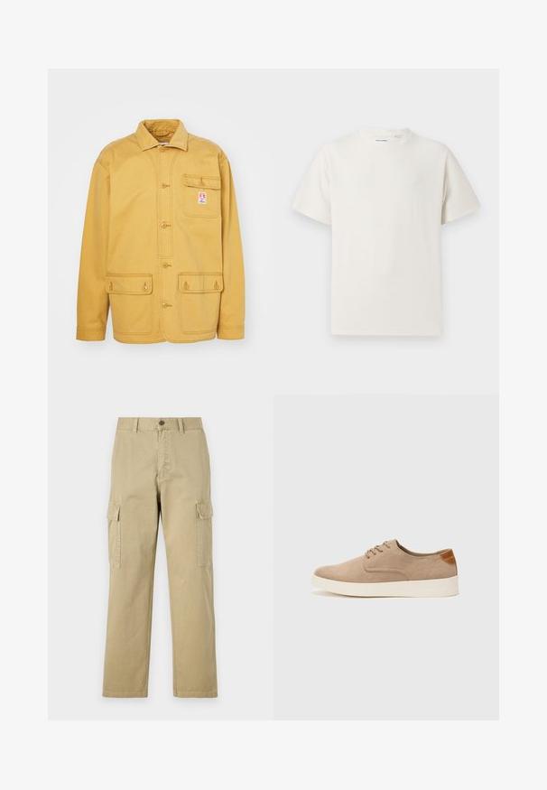 Wrangler CASEY CHORE JACKET - Suvejakk - dijon; Valge lühikeste varrukatega T-särk ribakudumises. Ümar kaelus, mugav lõige, nähtavad mustrid ega aksessuaarid puuduvad. Lihtne ja mitmekesine disain.; Beige cargos, mis on valmistatud puuvillast, sisaldavad kahte küljetaskut, nööbiga sulgemist ja sirgeid jalgu, millel on kergelt tekstureeritud kangas.; Beežid nahast tossud ümarate varvastega, paeltega esiosa ja tekstuuriga tagakontuuriga. Valge kummist tallapakkumine loob kontrasti. Lihtne ja kaasaegne disain.