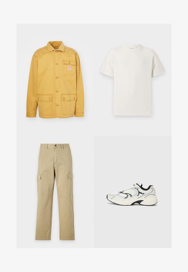 Wrangler CASEY CHORE JACKET - Summer jacket - dijon; White short-sleeve T-shirt in a ribbed texture. Round neckline, relaxed fit, no visible patterns or accents. Simple and versatile design.; Beige cargo pants made of cotton, featuring two side pockets, a button closure, and straight legs with a slightly textured fabric.; White athletic sneakers with black accents, featuring a mesh upper, cushioned sole, and geometric design elements. Brand logo on side.