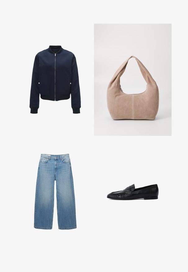 Navy blue bomber jacket made of smooth fabric, featuring a zip front, ribbed cuffs, and hem, with side pockets and silver hardware accents.; Black knit sweater with a crew neck, long sleeves, and a cropped design. Made from a soft material with a smooth texture.; Light blue wide-leg jeans made of denim, featuring a classic five-pocket design and a button closure. Faded texture throughout.; Black leather loafers with a rounded toe, stitched detailing on the front, and a flat sole. Minimalist design with a subtle logo accent.; Hobo bag made of soft, suede material in a light beige color. Features a rounded shape with a wide strap and zip closure.