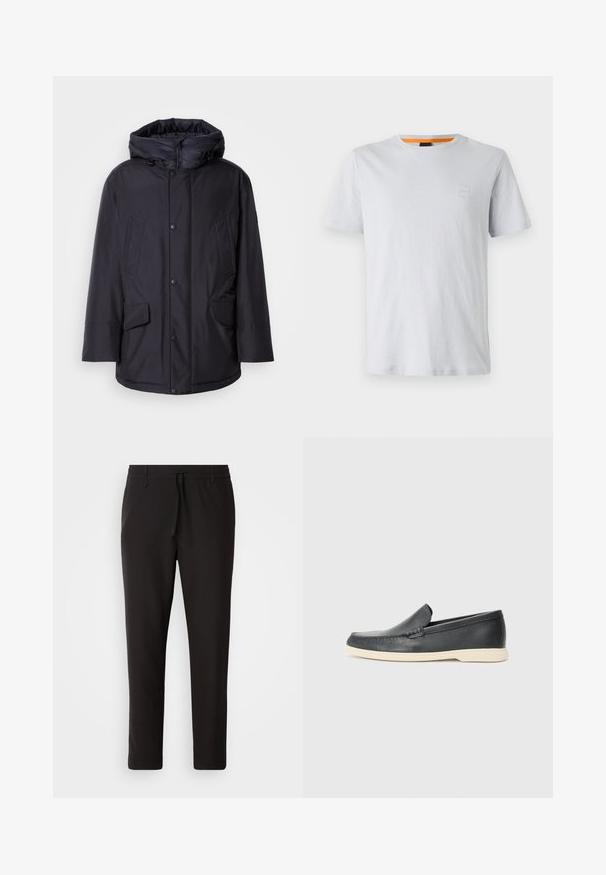 Juodas pūkinis švarkas su nusiimamu kapišonu, išsiskiriantis mygtukų užsegimu, dviem didelėm priekinėm kišenėm ir lygaus, vandeniui atsparaus paviršiaus.; Šviesiai pilkas trumpas rankovėmis marškinėlis, pagamintas iš medvilnės, su mažo logotipo aplikacija ant krūtinės ir kontrastinga oranžine akcentu iškirpėje.; Juodi džinsai, pagaminti iš lygaus audinio. Yra elastinė juosmens juosta su raišteliu, siaurėjantys džinsai, be matomų kišenių. Paprastas dizainas.; Juodi odiniai batus be raištelių, turintys tekstūruotą paviršių ir kontrastingą smėlio spalvos gumos padai. Yra subtilus akcentas priekyje.