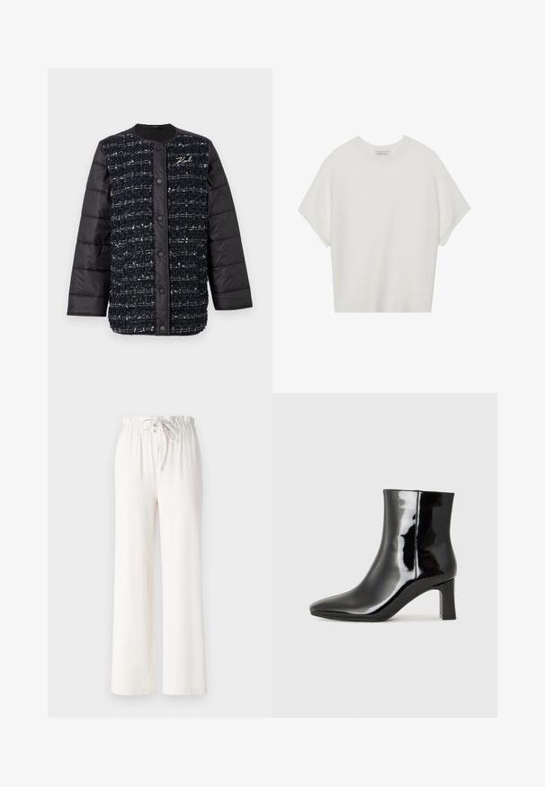 Geacă căptușită neagră și bleumarin, cu un front dintr-un material texturat, având închidere cu nasture și broderie cu logo. Mâneci și tiv netede.; Tricou alb cu mânecă scurtă, cu guler larg și model texturat cu dungi, realizat dintr-un material moale, având o croială lejeră și un design curat.; Pantaloni albi cu picioare largi, confecționați dintr-un material moale, având un brâu cu șnur și o textură netedă. Fără modele sau embellishments vizibile.; Botine negre din piele lacuită, cu vârful ascuțit și toc bloc de înălțime medie. Textură netedă și design minimalist.