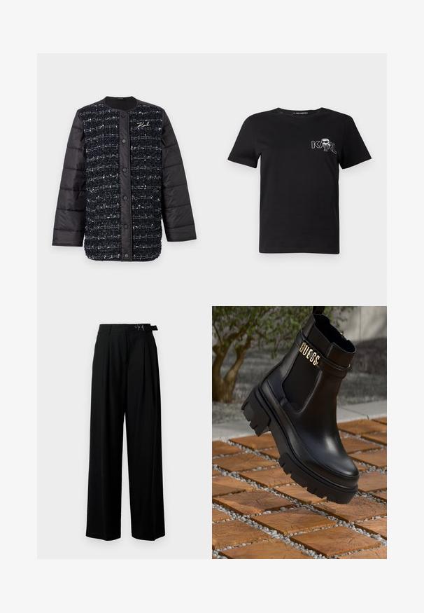 Must mustu ja tumesinine polsterdunud jope tekstuurse kangas esiosaga, millel on nööbikinnitus ja logokirjutus. Siledad varrukad ja alläär.; Must ja lühikeste varrukatega T-särk, mis on valmistatud puuvillast. Esiküljel on valge graafika tekstiga "KARL" ning stiliseeritud kuju. Ümar kaelus.; Mustad kõrge vöökohaga mustad laiad püksid, millel on ees voldid ja vöö, millel on pandla. Valmistatud siledast ja kergest kangast.; Must musta saapad mustast nahast, millel on paks kummist tald, elastsed külgpaneelid ja kuldne aksent "GUESS" brändingu logoga.