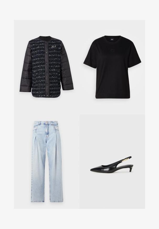 Melnas un tumši zilas pufīgās jakas ar teksturētu auduma priekšpusi, kas aprīkota ar pogu aizdari un logotipa izšuvumu. Gludas piedurknes un apakšmala.; Melna kokvilnas T-krekls ar apaļu izgriezumu, īsām piedurknēm un izšūtu logotipu uz krūtīm. Vienkāršs, brīvs piegriezums bez rakstiem.; Gaiši zilas džinsu bikses ar augstu jostasvietu, plats kāju griezumu, divām sānu kabatām un krokotā dizaina akcentiem. Mīksta tekstūra ar izdilušu apdari.; Melnas ādas slingback zābaki ar smailu purngalu, ar šauru papēdi un zelta krāsas akcentu uz regulējama siksniņas. Gluda tekstūra.