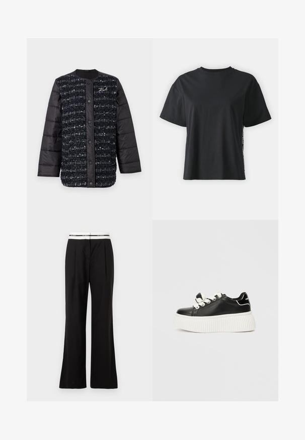 Fekete és tengerészkék párnázott dzseki texturált anyagú előlappal, gombos záródással és logó hímezéssel. Simaképű ujjakkal és alsó részel.; Fekete, rövid ujjú pamut póló, laza szabású, kontrasztos oldalsó panelekre jellemző kis szöveggel és dizájn részletekkel.; Fekete, lazán szabott nadrág, fehér rugalmas derékpánttal, amelyen márkajelzés található. Simogató, enyhén fényes anyagból készült.; Fekete bőr sneaker vastag, fehér bordázott talppal, fehér fűzőkkel és díszes masni akcentussal a nyelvén.