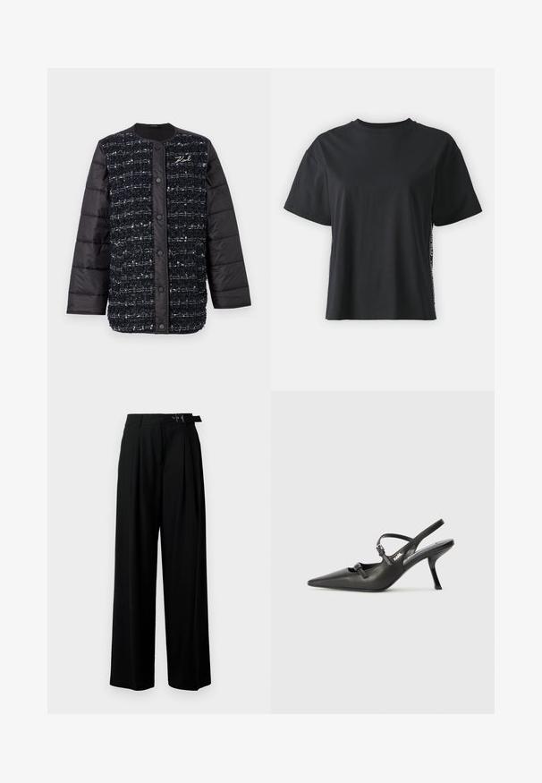 Must mustu ja tumesinine polsterdunud jope tekstuurse kangas esiosaga, millel on nööbikinnitus ja logokirjutus. Siledad varrukad ja alläär.; Must have lühikeste varrukatega puuvillane must T-särk, millel on lõdvestunud lõige ja kontrastne külgpanel, mis sisaldab väikest teksti ja kujunduselemente.; Mustad kõrge vöökohaga mustad laiad püksid, millel on ees voldid ja vöö, millel on pandla. Valmistatud siledast ja kergest kangast.; Must musta slingback kontsad, terava nina, peenike konts ja dekoratiivne pandla detail peal. Sile tekstuur ja stiilne disain.