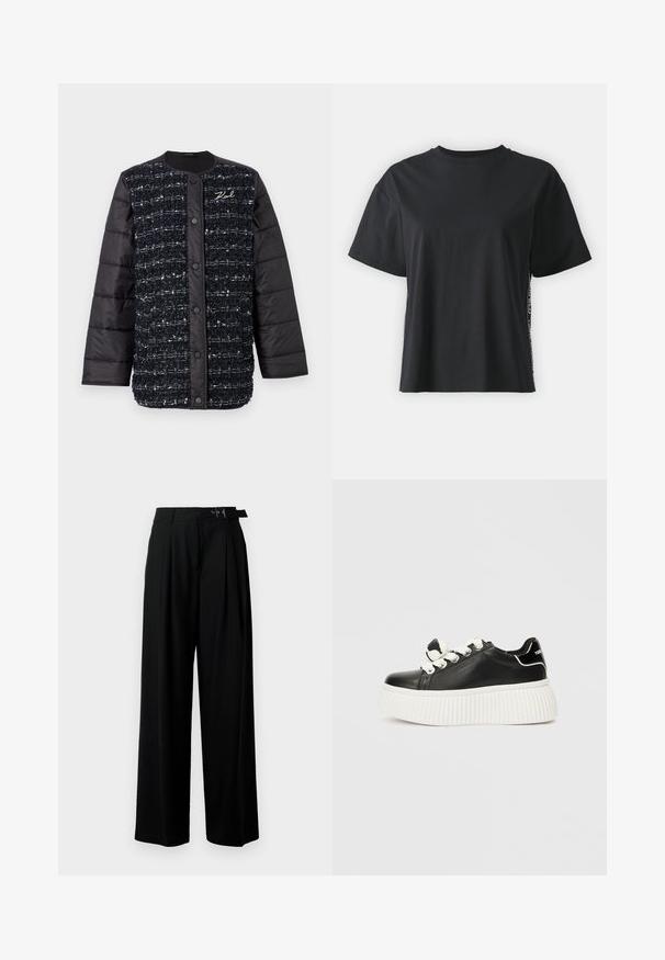 Čierna a námornícka modrá vypchaná bunda s textúrovaným predným dielom, so zapínaním na gombíky a vyšívaným logom. Hladké rukávy a lem.; Čierne tričko s krátkym rukávom z bavlny, vo voľnom strihu, s kontrastným postranným panelom, na ktorý sú umiestnené malé nápisy a designové detaily.; Čierne široké nohavice s vysokým pásom, skladmi vpredu a opaskom s prackou. Vyrobené z hladkej, ľahkej textílie.; Čierne kožené tenisky s hrubou bielou rebrovanou podošvou, so svetlými šnúrkami a dekoračným uzlom na jazyku.
