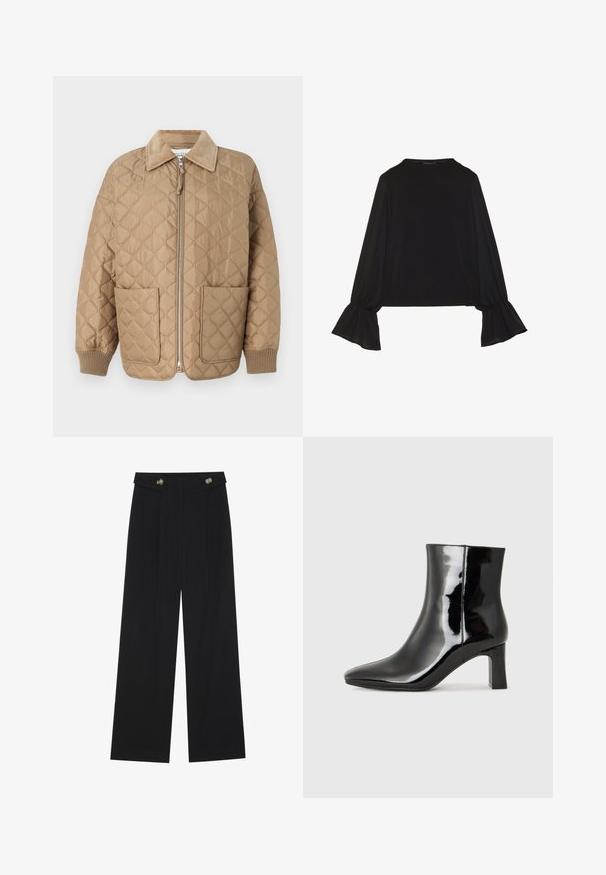 Šviesiai rudas siuvinėjamas džemperis su velveto apykakle, užtrauktuku priekyje ir dviem didelėmis kišenėmis. Raštuoti rankogaliai ir minkšta tekstūra visame paviršiuje.; Juoda ilgomis rankovėmis palaidinė su išsiplėtusiais rankogaliais, minkšta tekstūra ir laisva forma, su paprastu apvaliu kaklu.; Juodi plačios kojos kelnės su aukštu liemeniu, sagų detalėmis ant liemens ir priekinėmis raukšlėmis.; Juodos lakuotos odinės aulinukės su smailiu pirštu ir vidutinio aukščio blokuotu kulnu. Lygus paviršius ir minimalistinis dizainas.